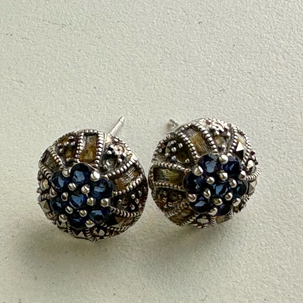 Sterling silver button Blue stones earrings scrap or project